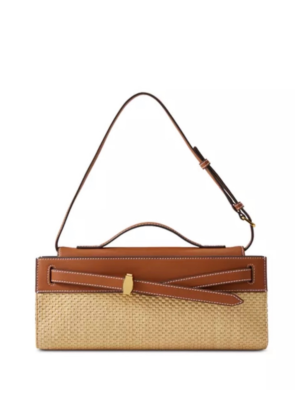 Veronica Beard Dash Raffia Clutch Hazelwood Leather Top Handle Bag - Picture 2 of 12